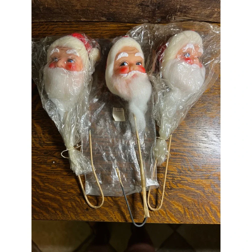 Vintage Santa Claus Head Floral Picks Set of 3 Mid Century Christmas Decor 8.5in
